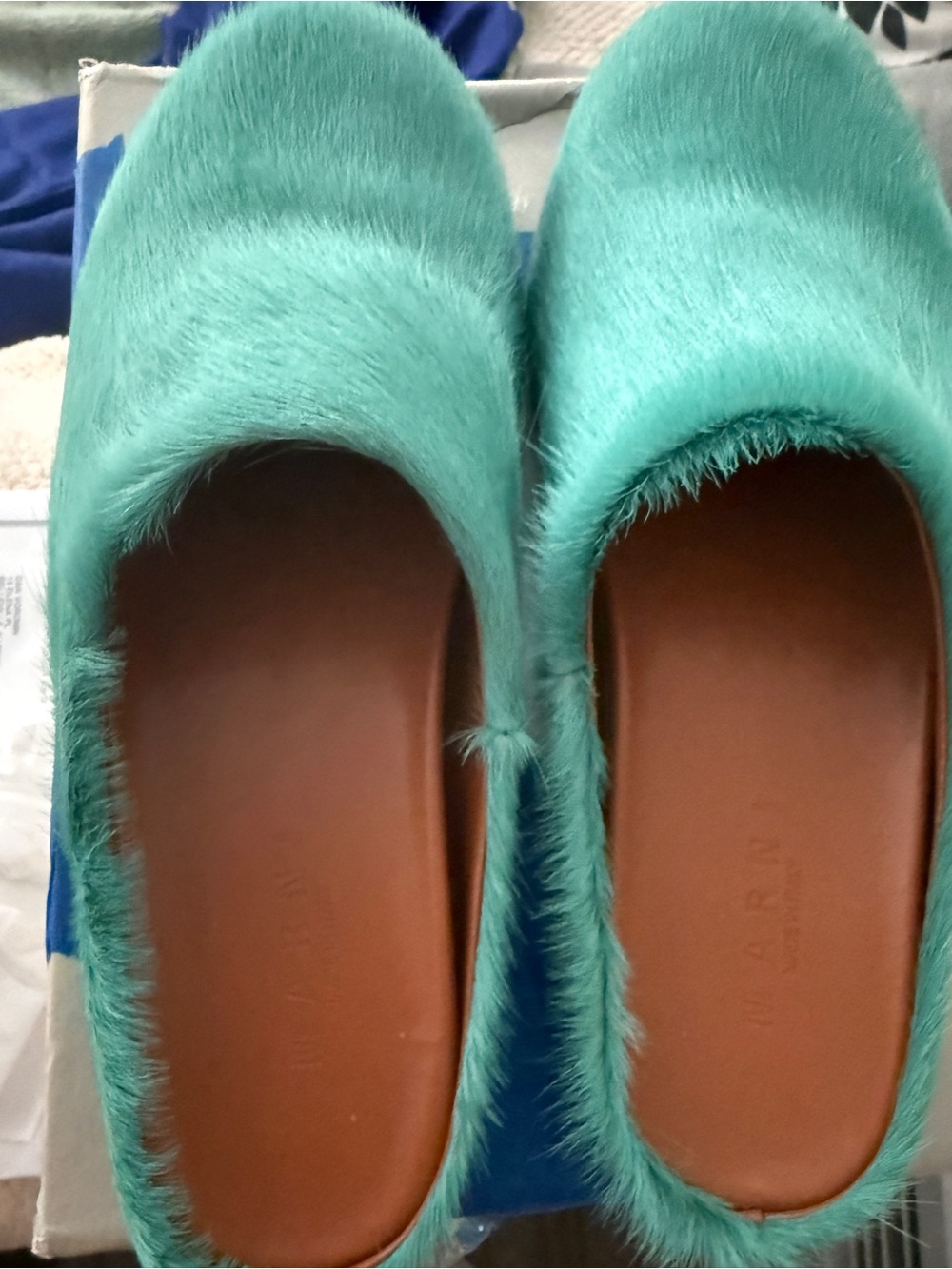 Marni Turquoise Faux-Fur Slip-On Mules